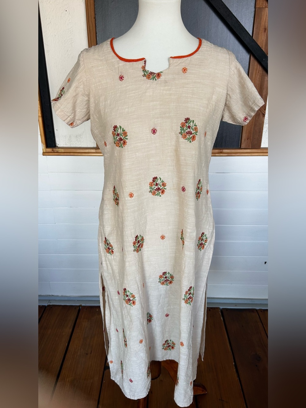 Smriti Floral Embroidered Cream Kurta Midi Dress Boho Cottagecore Size S